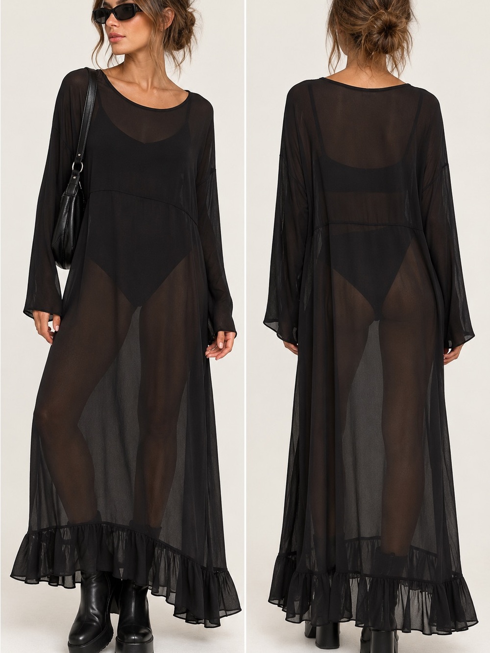 Vintage Black Sheer Maxi Kaftan Dress Ruffle Layering XL Oversized Whimsigoth